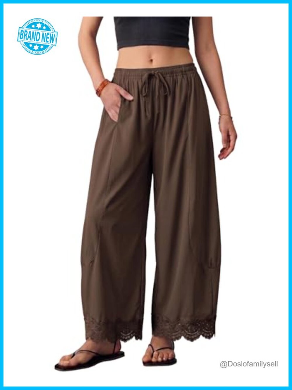 Wide Leg Palazzo Cropped Pants Nylon Spandex Lace Hem Drawstring